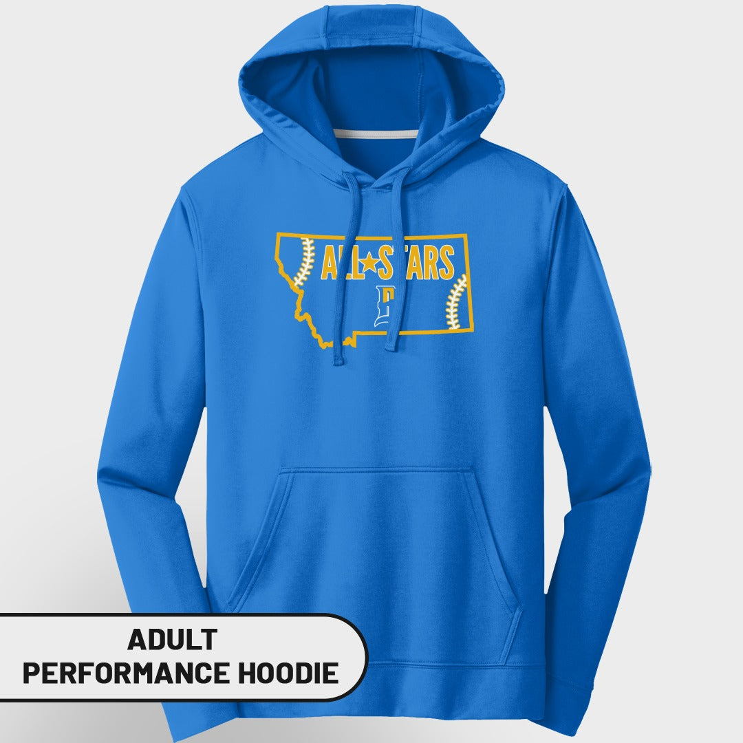 Blue adult performance hoodie with Montana outline and "All Stars" text.