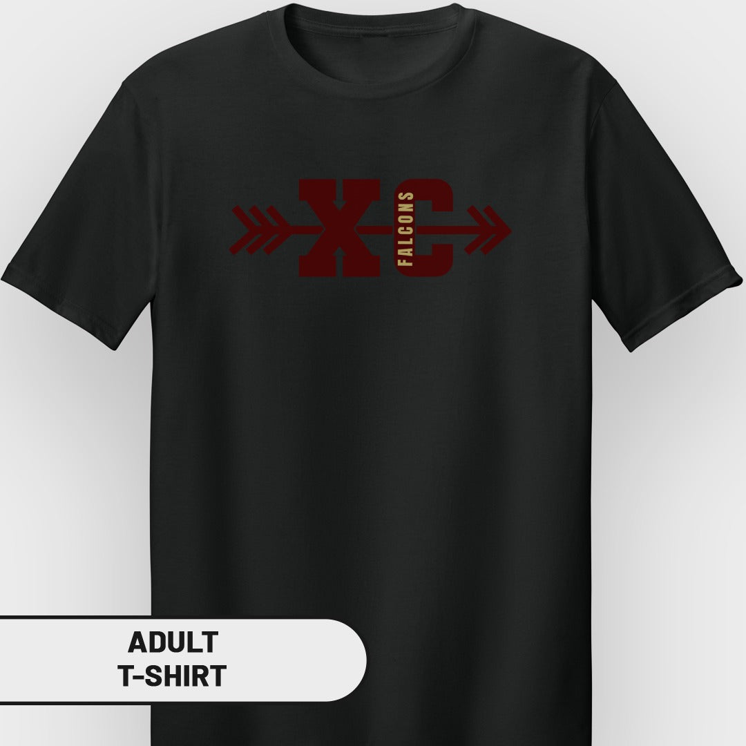 Black t-shirt with maroon XC Falcons graphic and arrow accents.