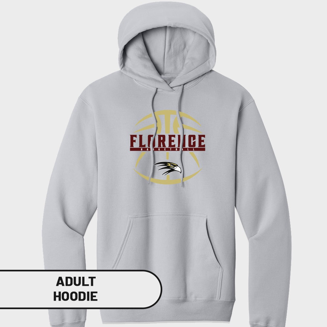 Light grey adult hoodie with Florence Basketball logo and eagle head graphic.