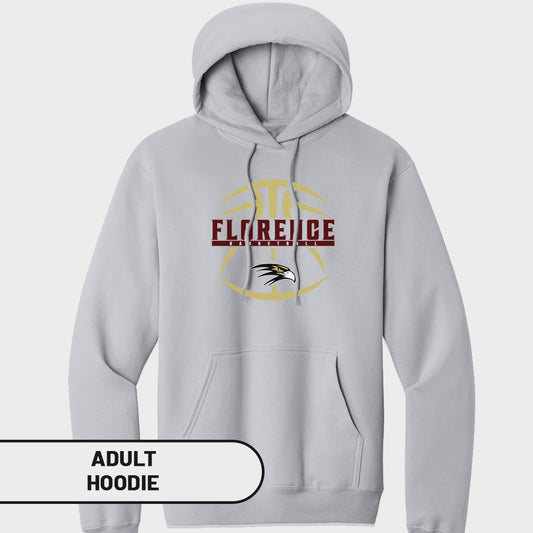Light grey adult hoodie with Florence Basketball logo and eagle head graphic.