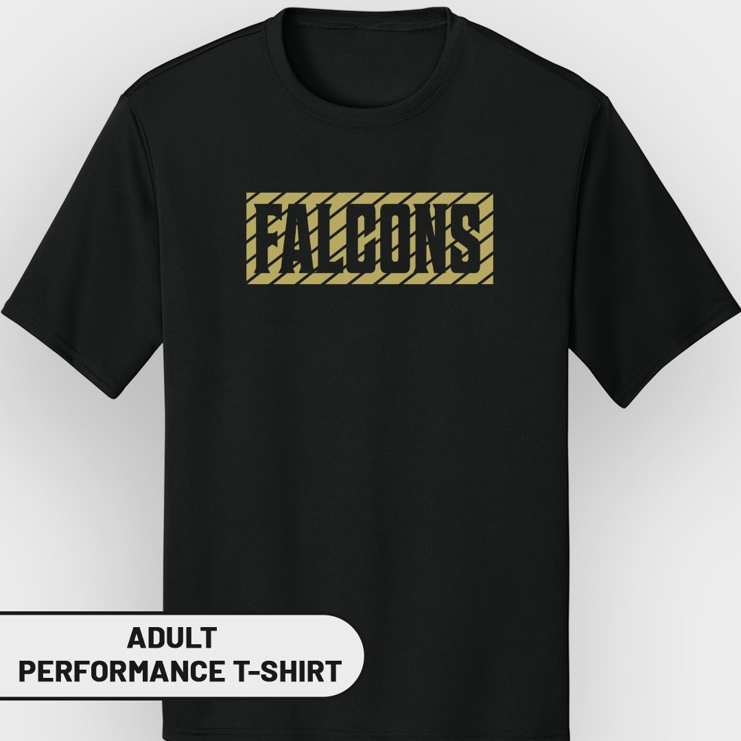 Black adult performance t-shirt with "FALCONS" text in a gold rectangle with diagonal lines.