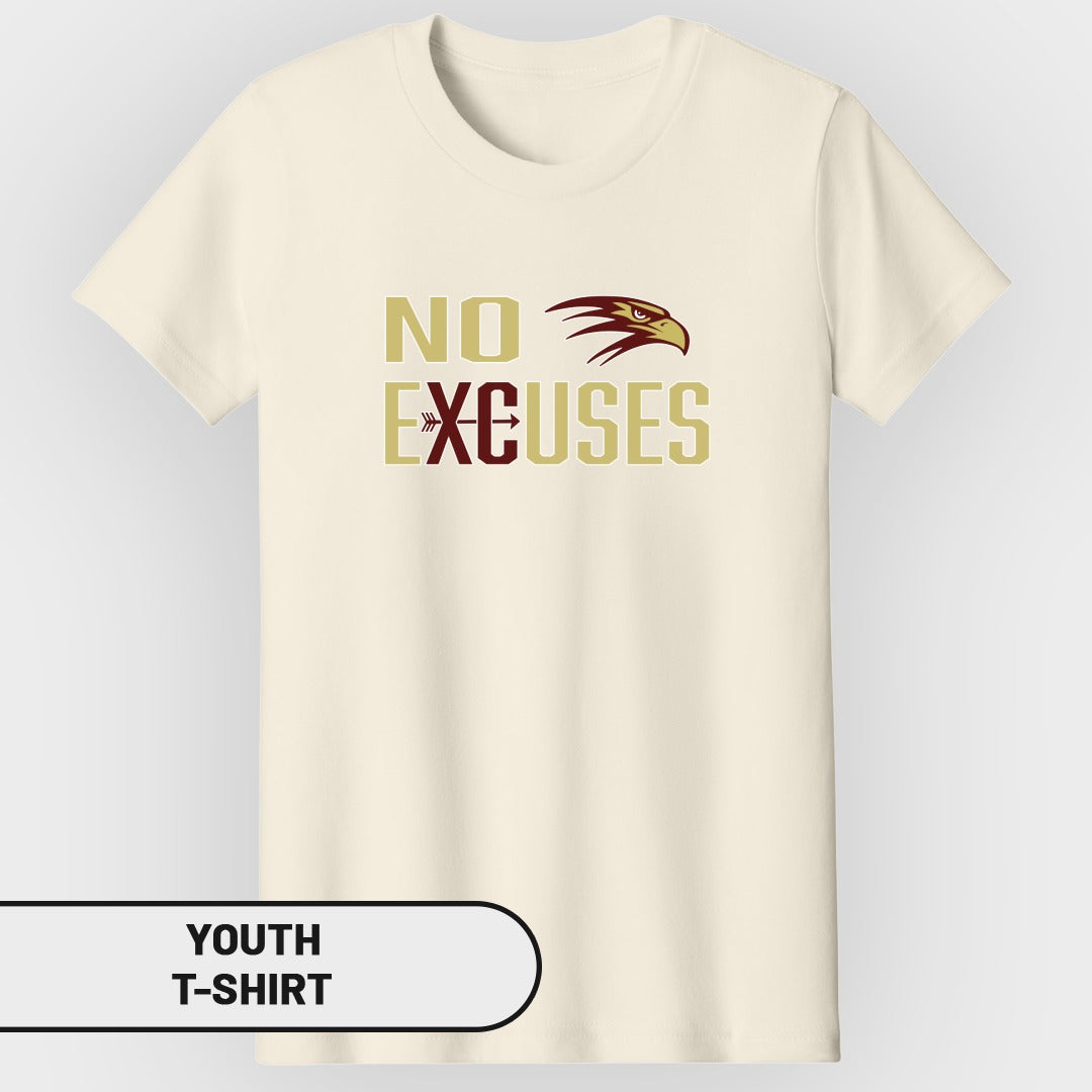 Cream youth t-shirt with "NO EXCUSES" text and an eagle graphic.