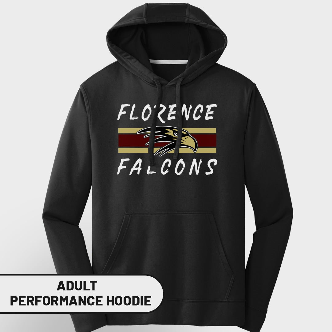 Black adult performance hoodie with "Florence Falcons" logo.