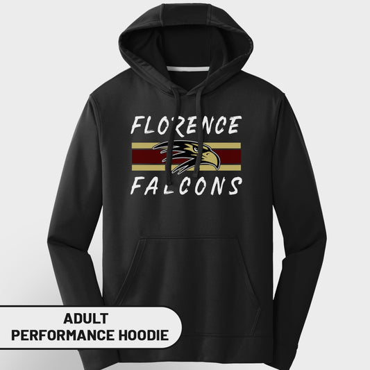 Black adult performance hoodie with "Florence Falcons" logo.