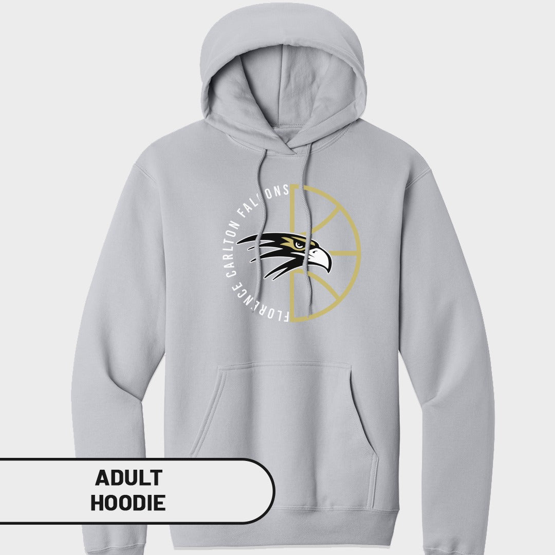 Light gray adult hoodie with Carlton Falcons logo and basketball design.