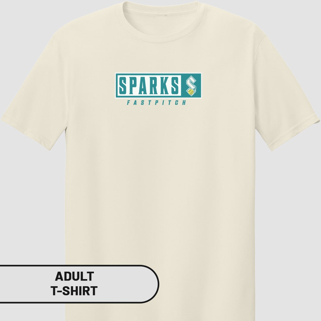 Cream t-shirt with "SPARKS FASTPITCH" logo in teal and yellow.