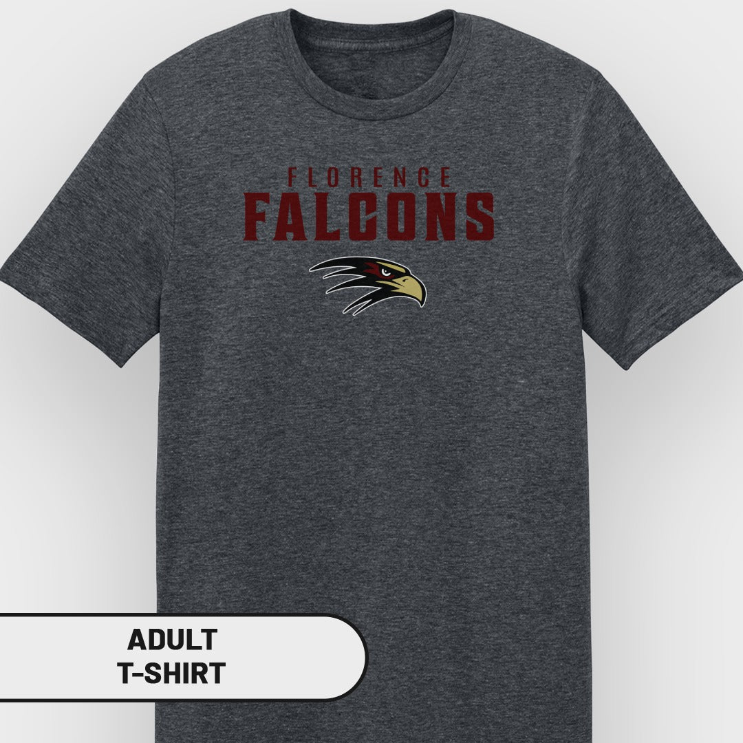 Dark grey adult t-shirt with "FLORENCE FALCONS" text and eagle logo.