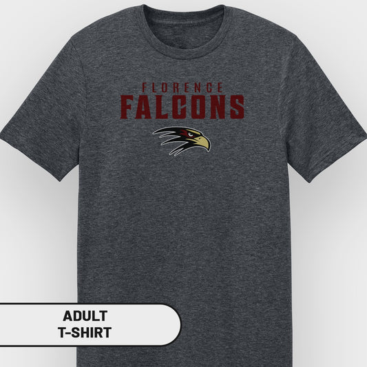 Dark grey adult t-shirt with "FLORENCE FALCONS" text and eagle logo.
