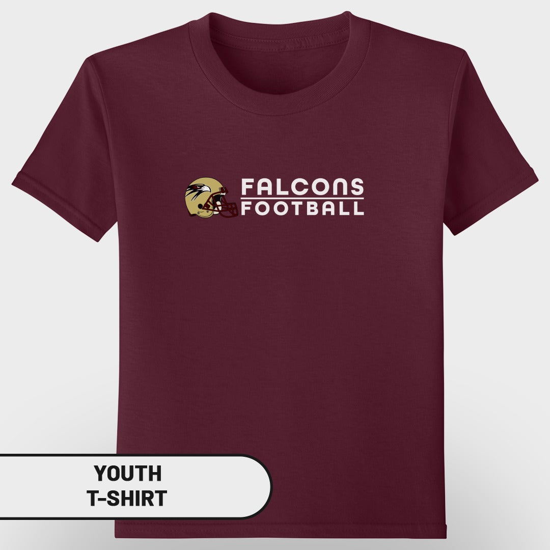 Maroon youth t-shirt with "FALCONS FOOTBALL" and helmet graphic.