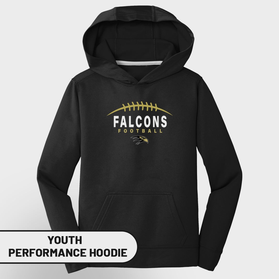 Black youth performance hoodie with "FALCONS FOOTBALL" and falcon logo.