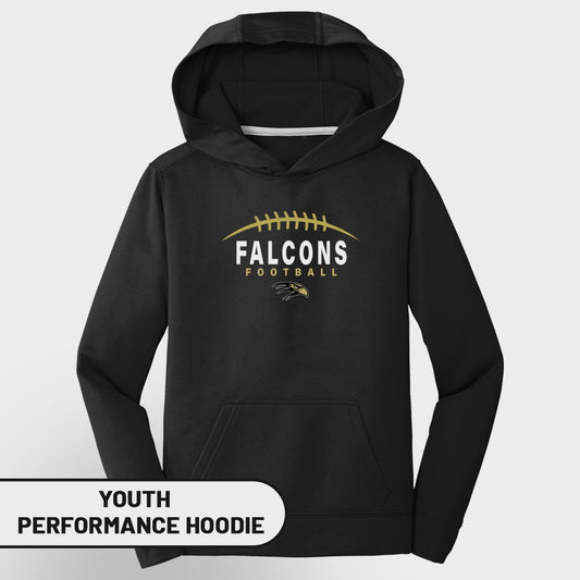 Black youth performance hoodie with "FALCONS FOOTBALL" and falcon logo.