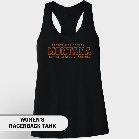 Black women's racerback tank with "Garden City Softball Montana Little League Champions" text.