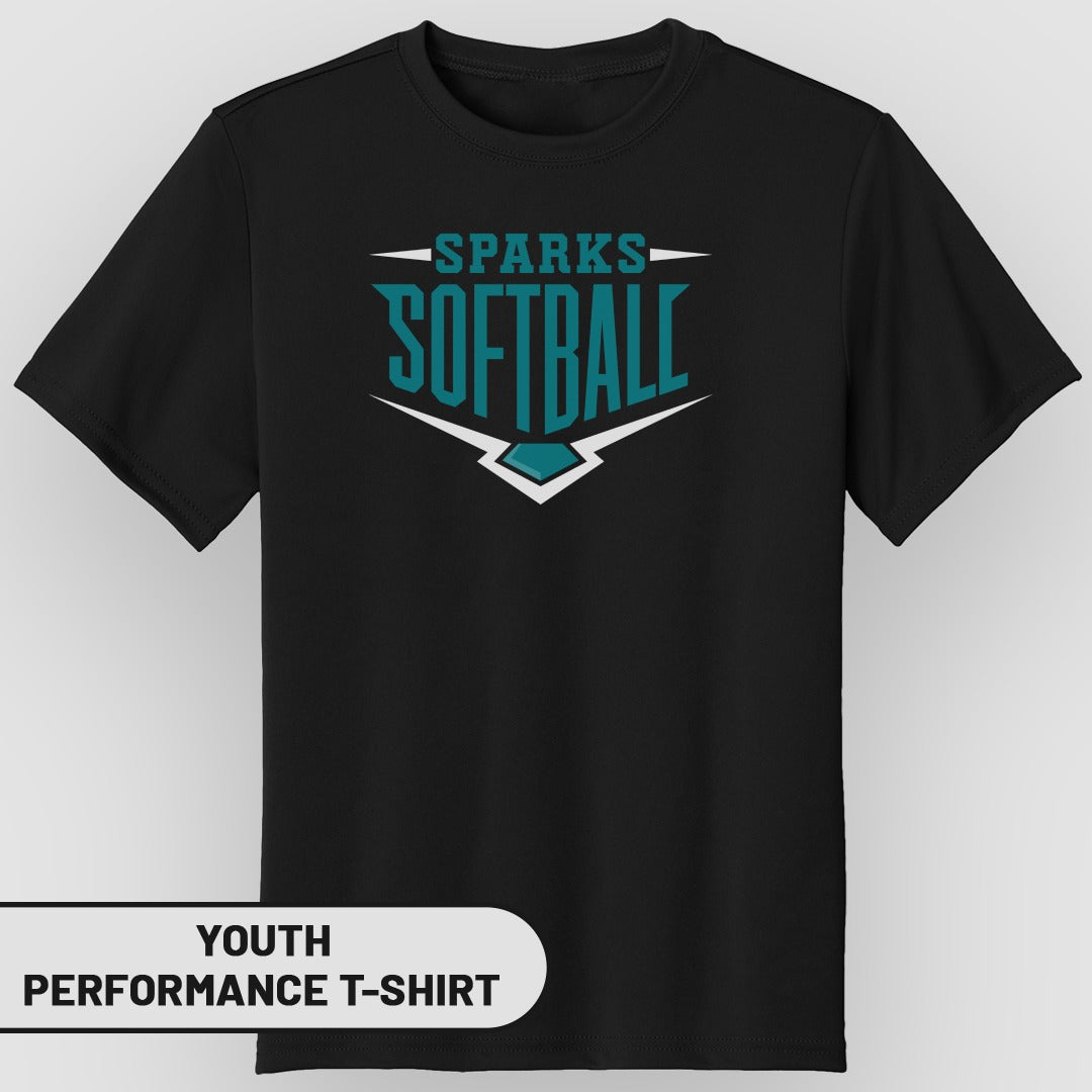Youth performance t-shirt with "Sparks Softball" logo in teal and white.