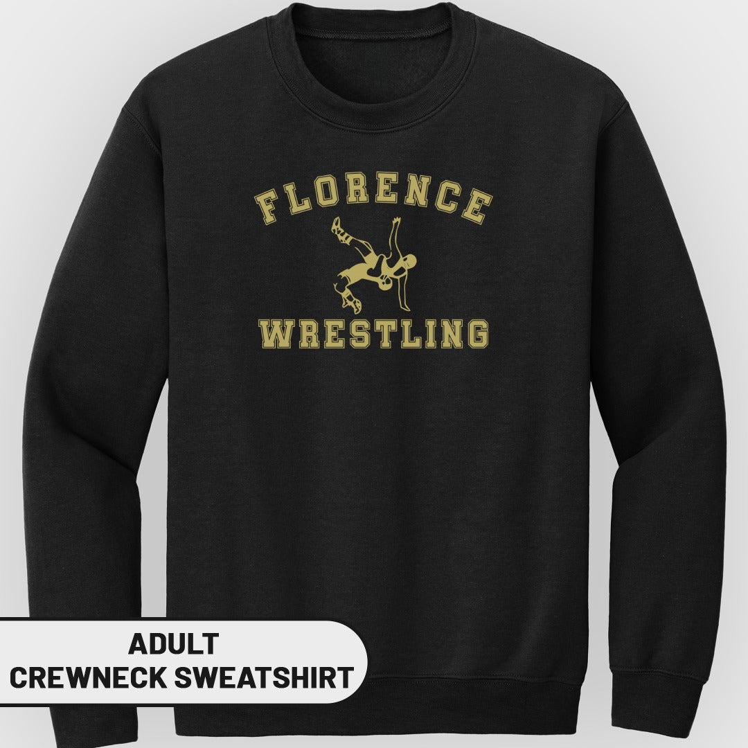Black adult crewneck sweatshirt with "Florence Wrestling" text and wrestling graphic.