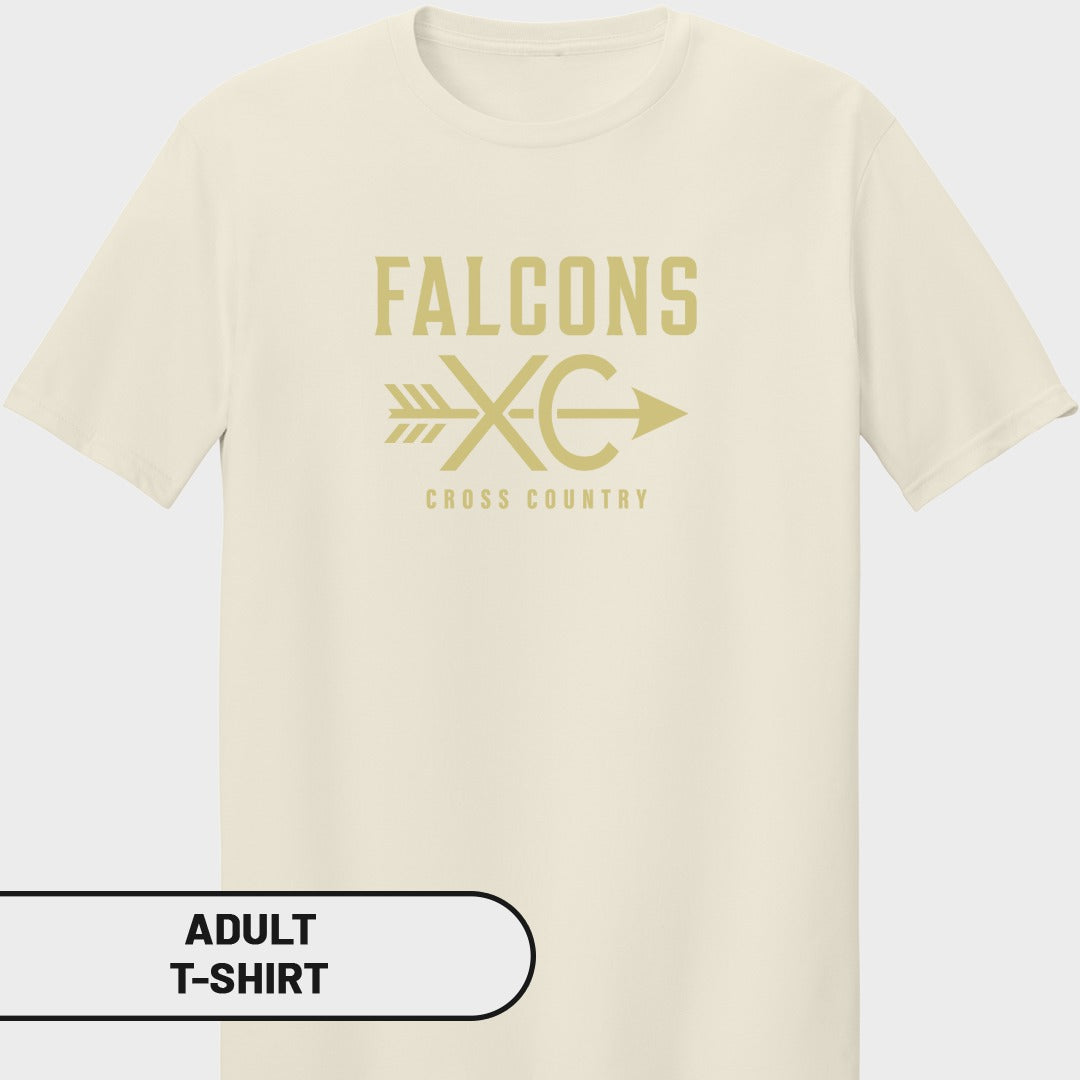 Cream adult t-shirt with "Falcons XC Cross Country" graphic and arrow.