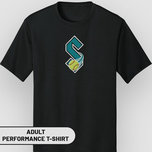 Black adult performance t-shirt with a teal "S" logo and a yellow softball.