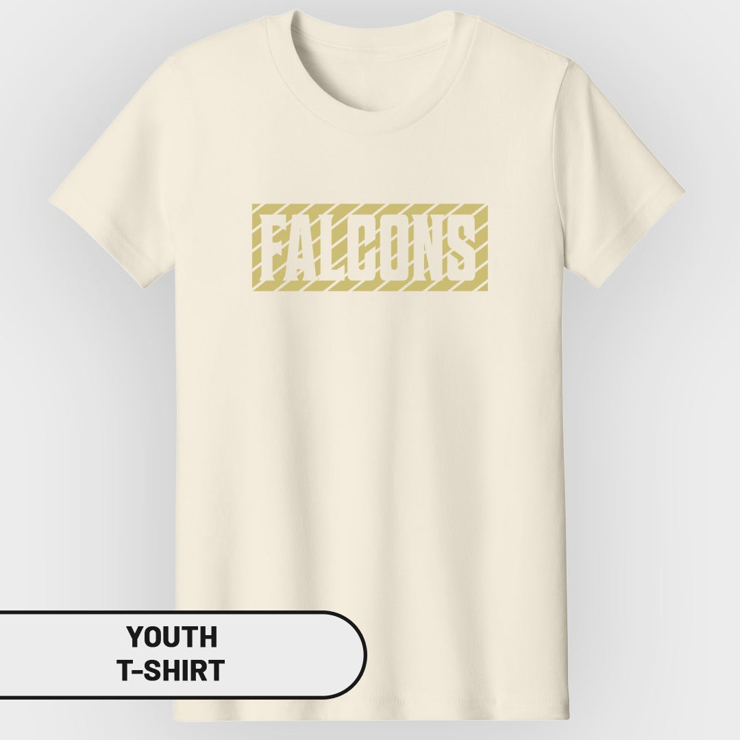 Cream youth t-shirt with "FALCONS" text in a gold box.