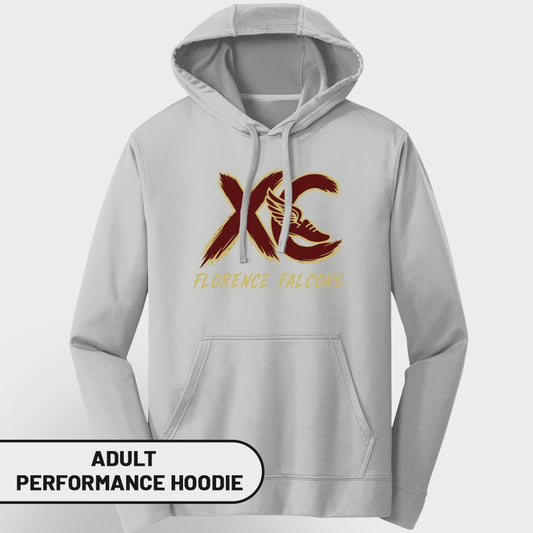 Light gray adult performance hoodie with burgundy and gold "XC" logo and "FLORENCE FALCONS" text.