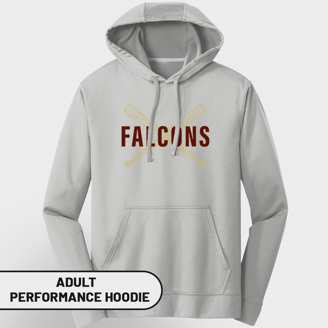 Light grey adult performance hoodie with "Falcons" and crossed baseball bats graphic.