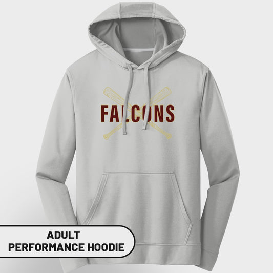 Light grey adult performance hoodie with "Falcons" and crossed baseball bats graphic.