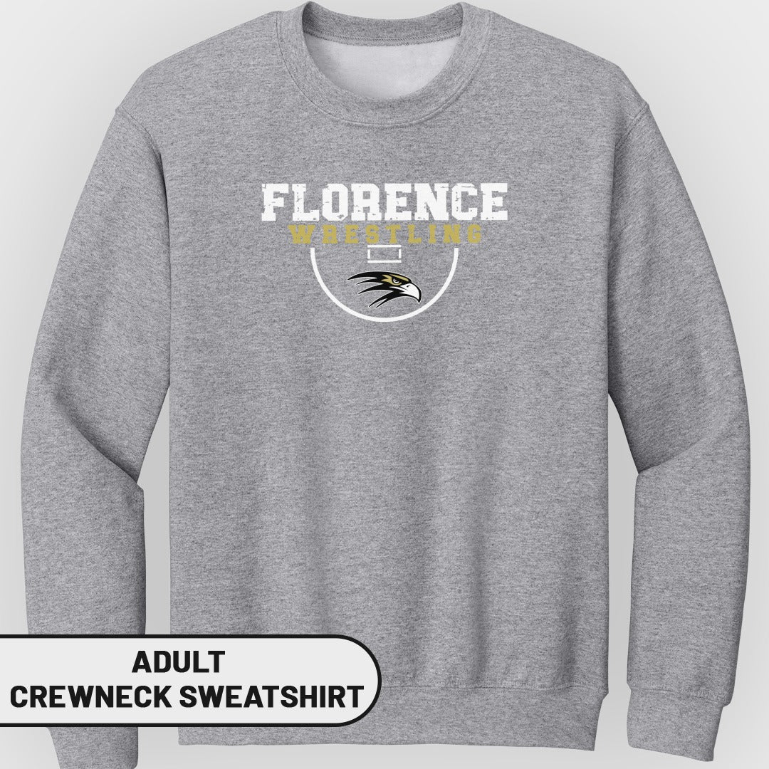 Adult grey crewneck sweatshirt with "Florence Wrestling" and a hawk logo.