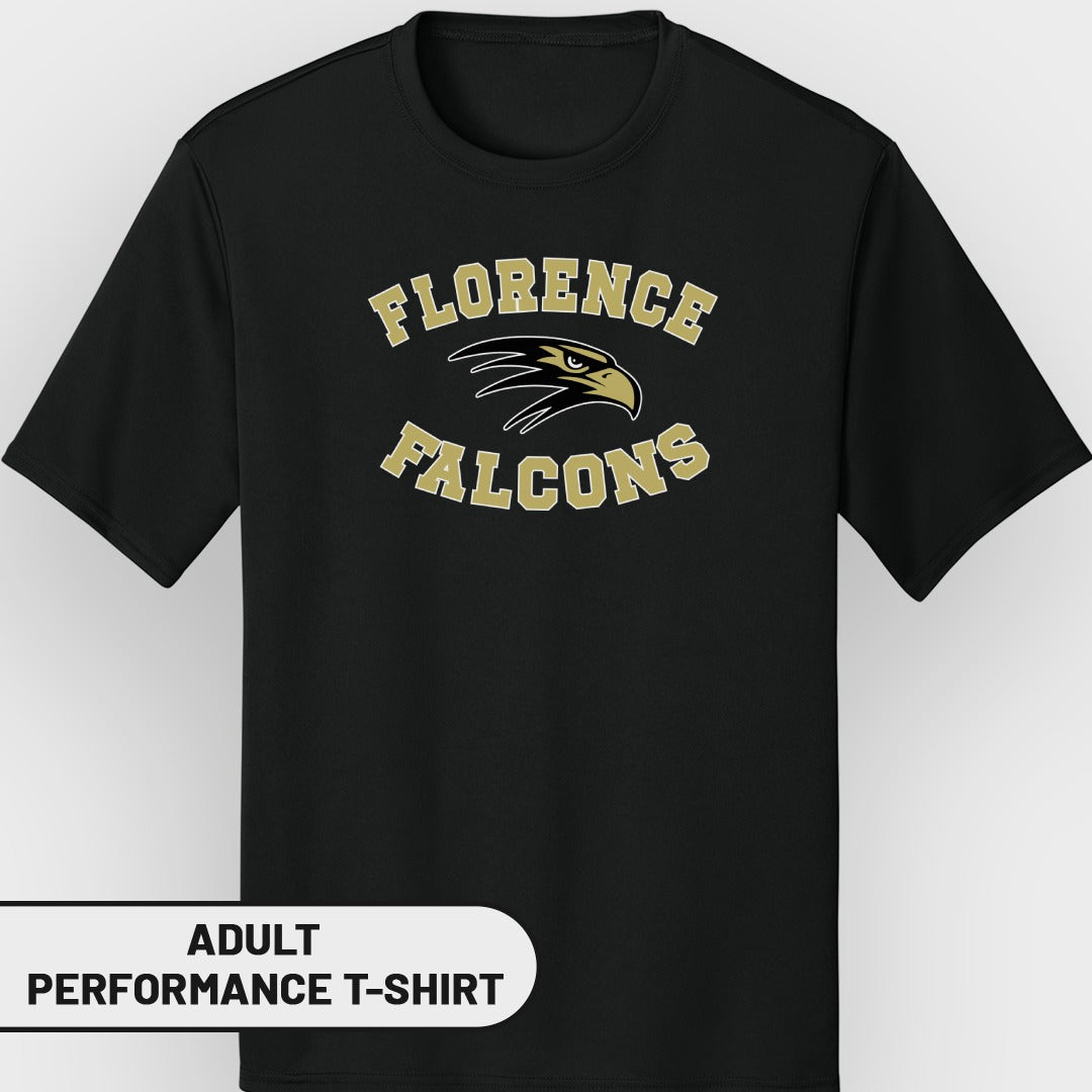 Black adult performance t-shirt with "Florence Falcons" and eagle logo.
