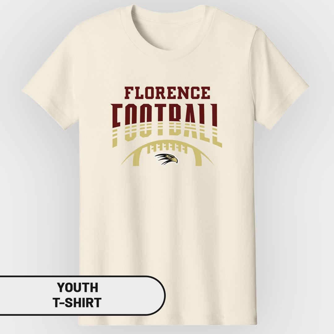 Cream youth t-shirt with Florence Football graphic and eagle logo.
