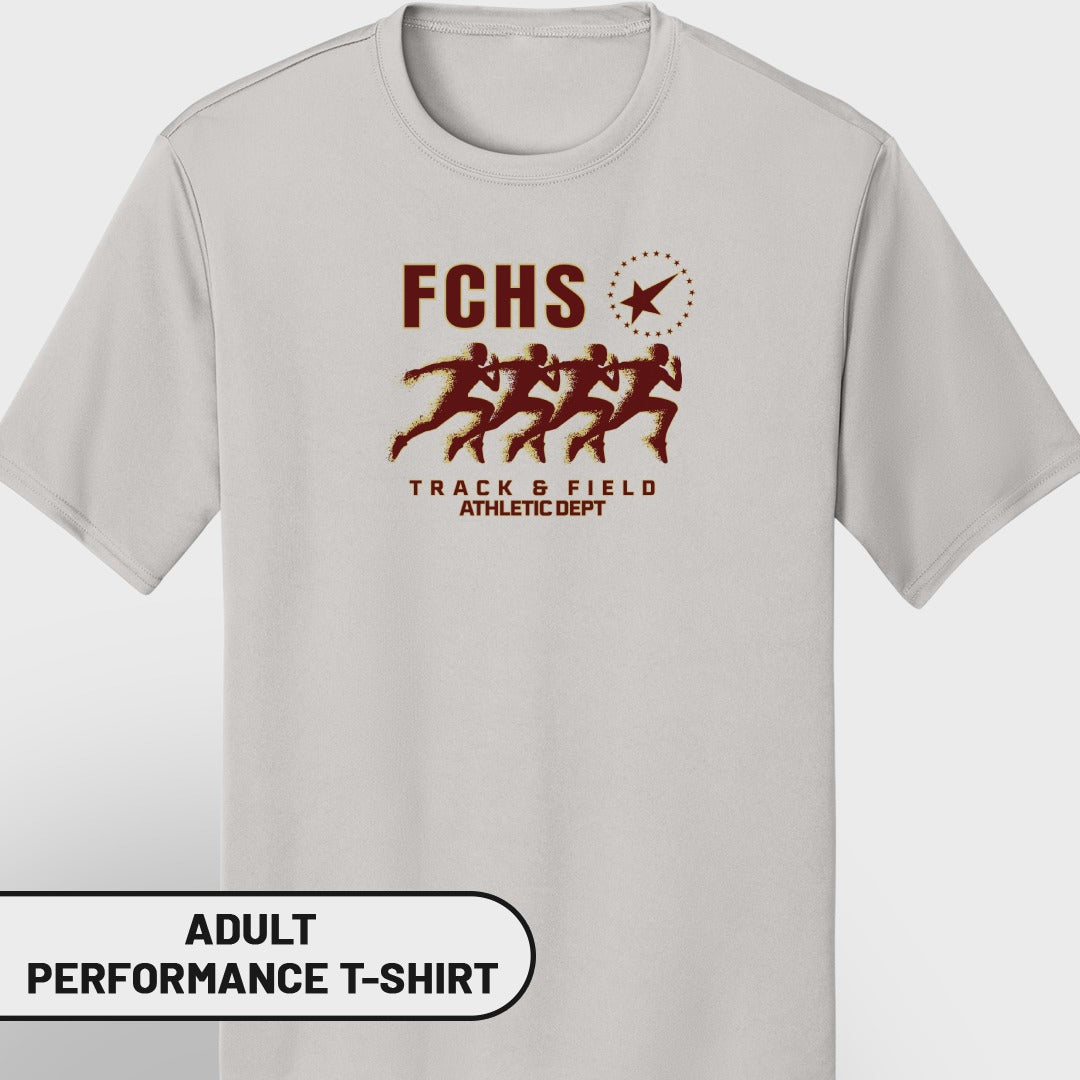 FCHS track and field athletic department t-shirt with runners graphic.