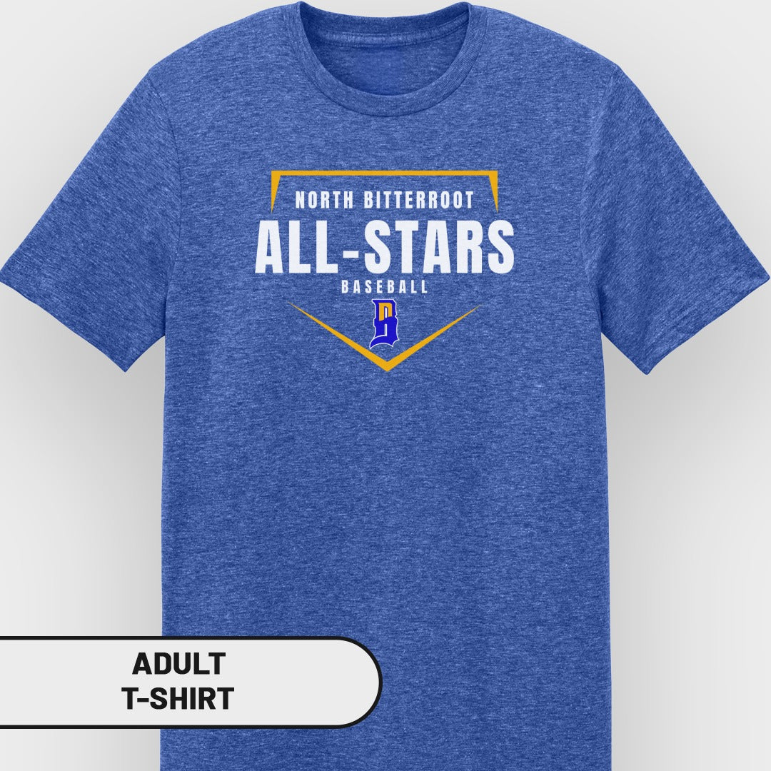 North Bitterroot All-Stars baseball adult t-shirt, royal blue.