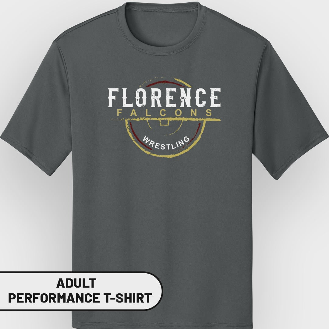 Dark gray adult performance t-shirt with Florence Falcons Wrestling graphic.