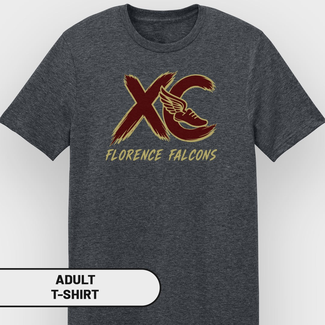 Dark grey t-shirt with maroon and gold "XC Florence Falcons" graphic and winged running shoe.