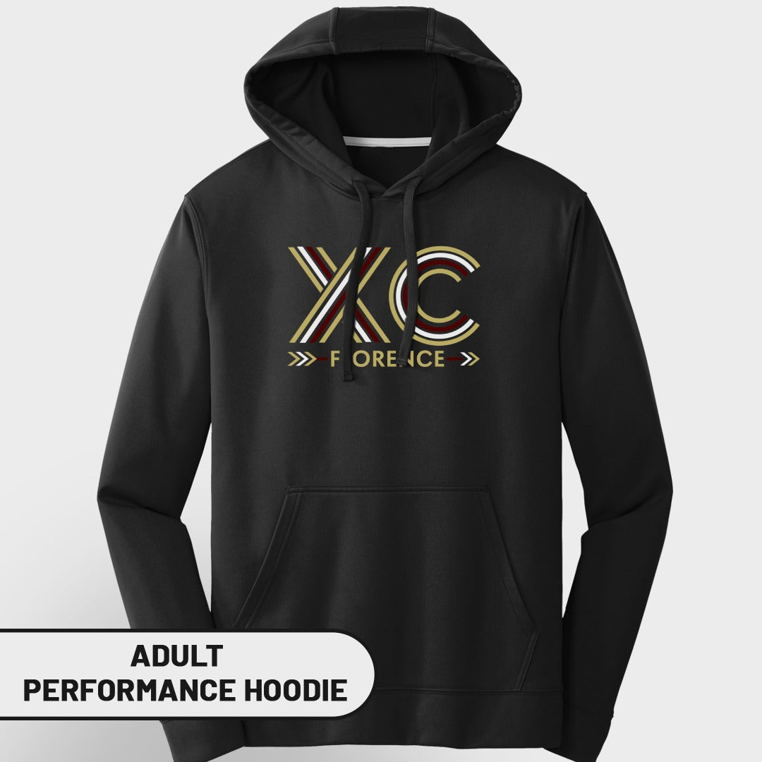 Black adult performance hoodie with XC Florence graphic and maroon accents.