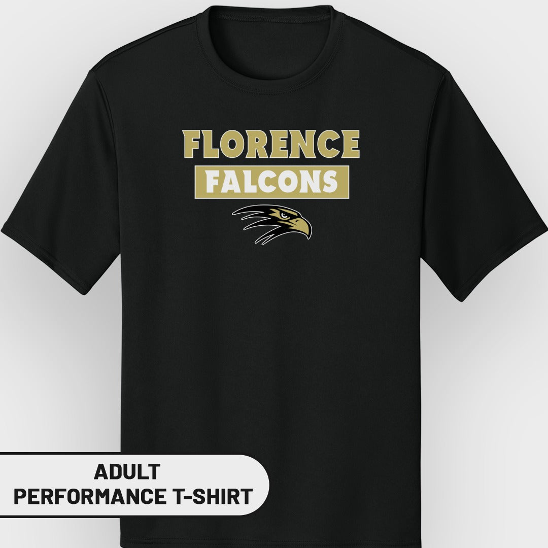 Black adult performance t-shirt with "Florence Falcons" text and eagle graphic.