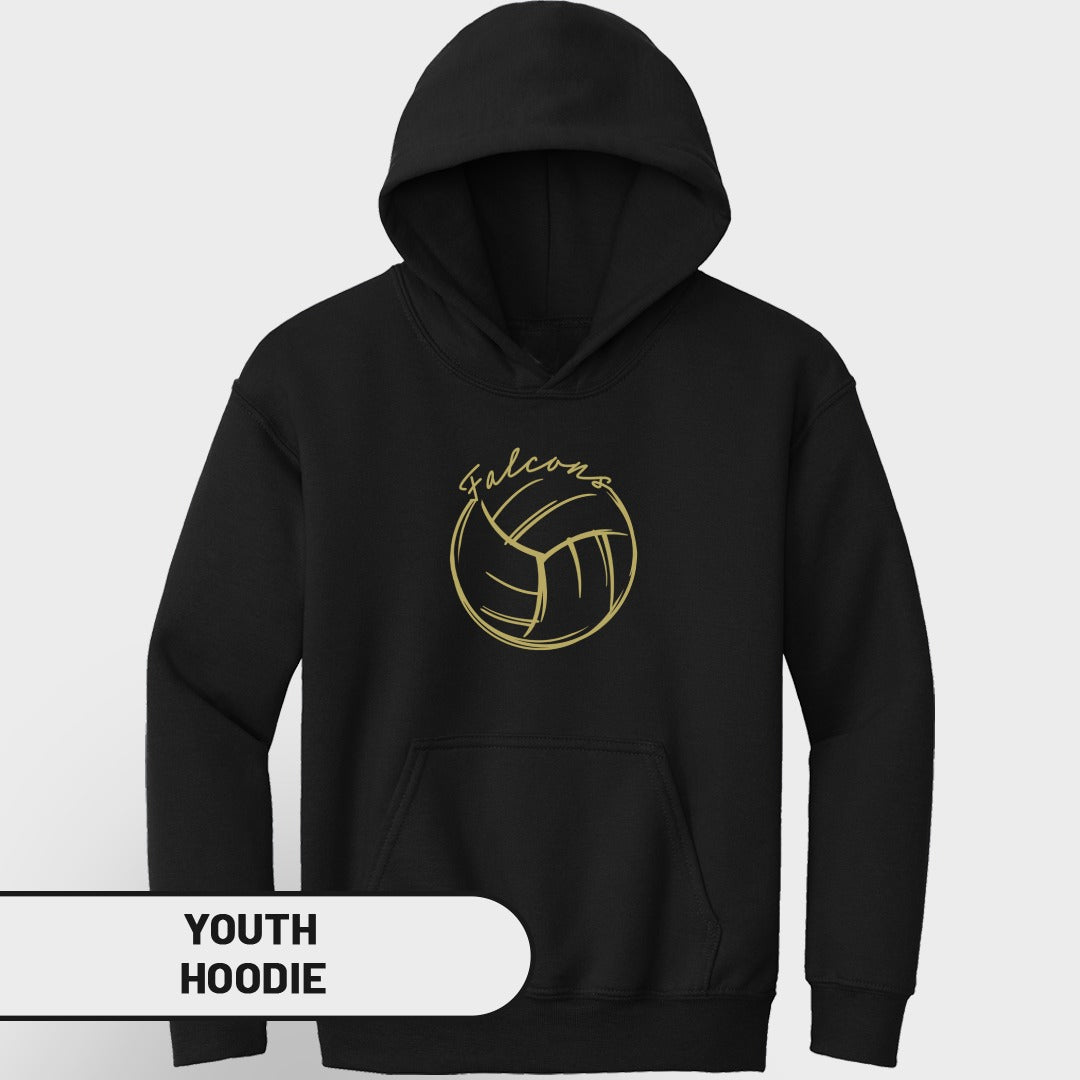 Black youth hoodie with gold volleyball and "Falcons" text graphic.