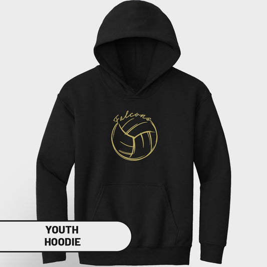 Black youth hoodie with gold volleyball and "Falcons" text graphic.