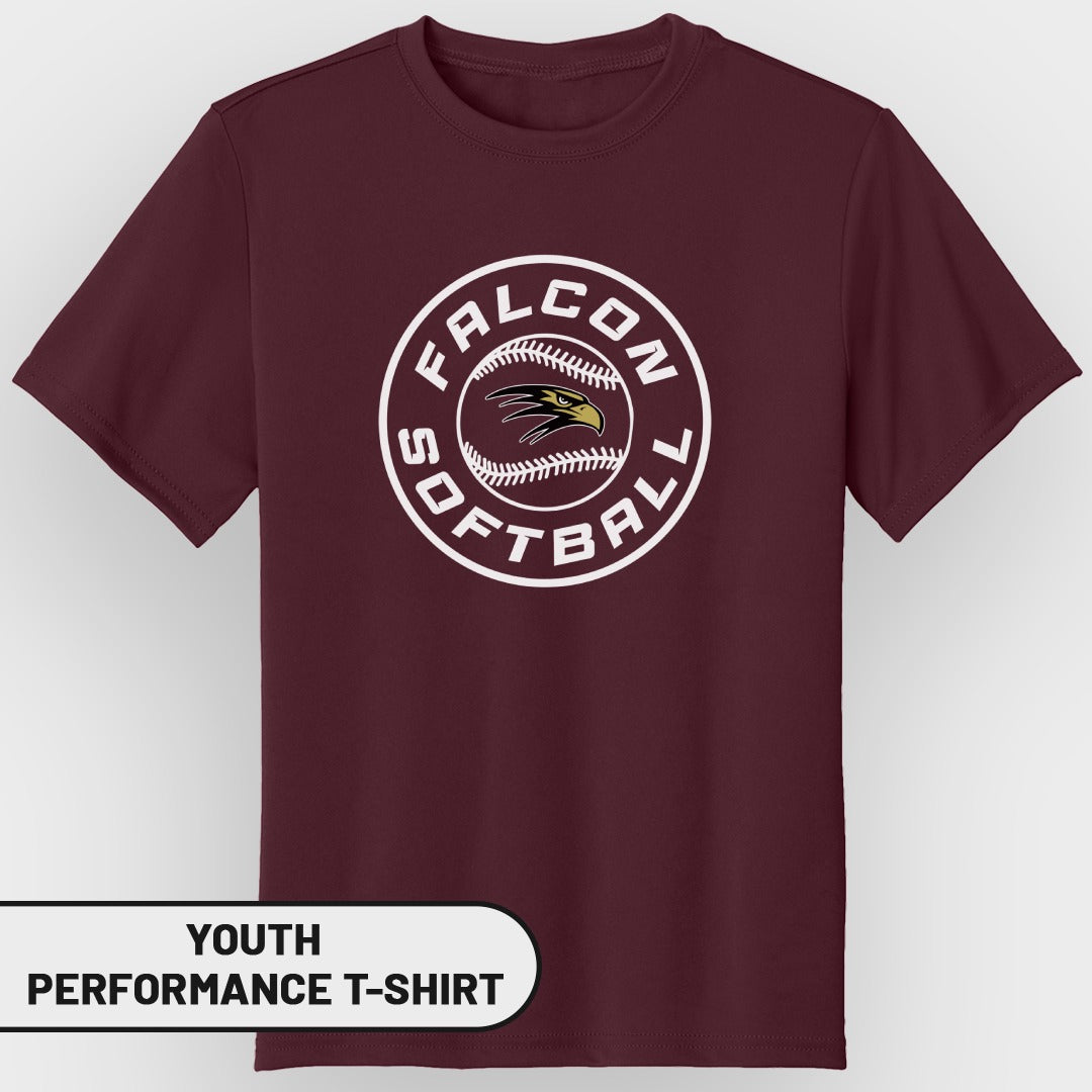 Maroon youth performance t-shirt with "Falcon Softball" logo featuring a falcon head on a baseball.