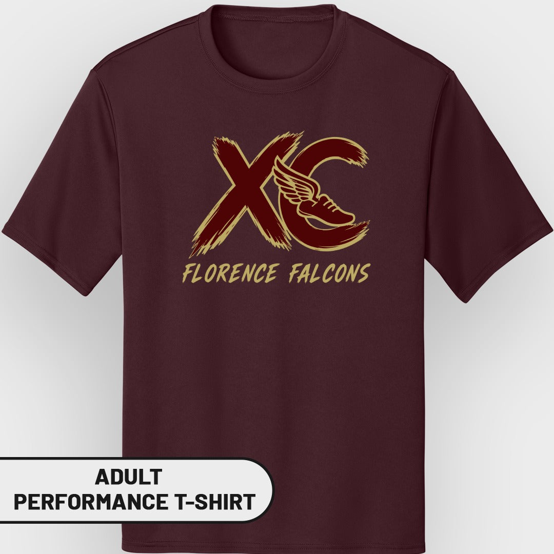 Maroon adult performance t-shirt with Florence Falcons XC graphic.