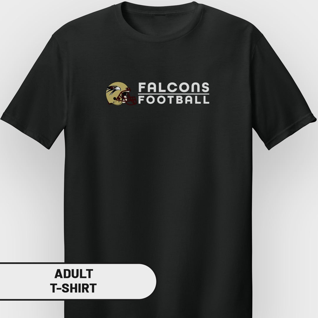 Black t-shirt with "FALCONS FOOTBALL" text and a falcon helmet logo.