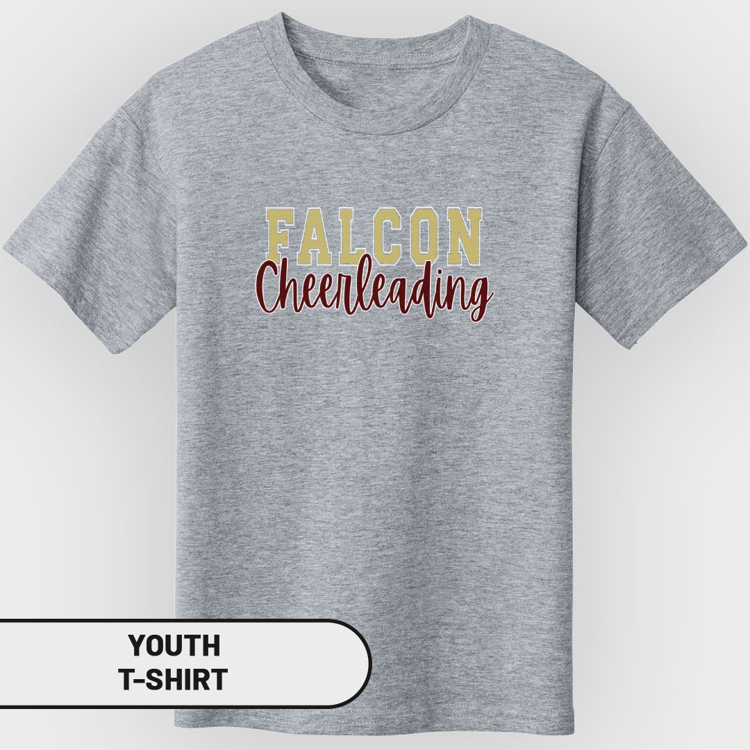 Grey youth t-shirt with "FALCON Cheerleading" text graphic.