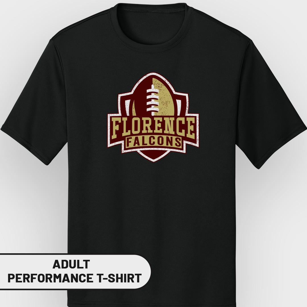 Black adult performance t-shirt with Florence Falcons football logo.