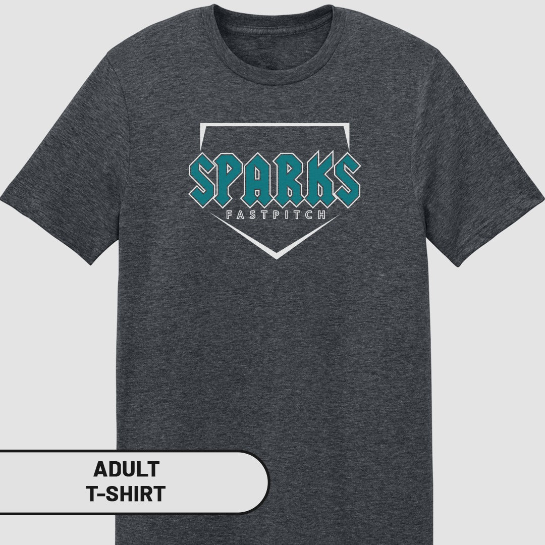 Dark gray adult t-shirt with "Sparks Fastpitch" logo in teal and white.
