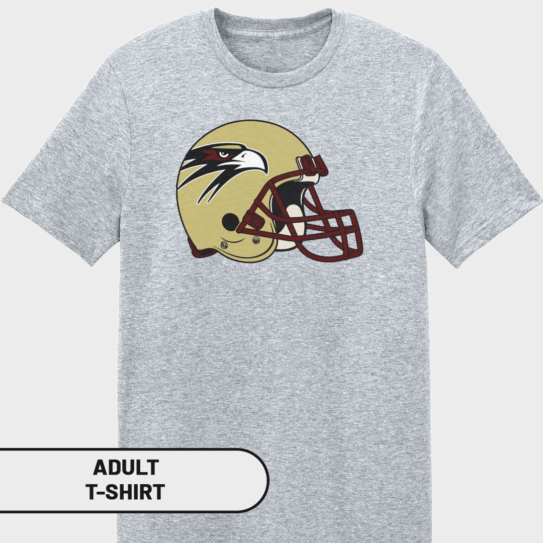 Grey t-shirt with a gold football helmet featuring an eagle design.