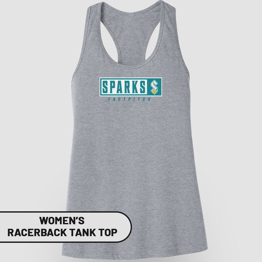 Gray women's racerback tank top with "SPARKS EAST PITCH" logo.