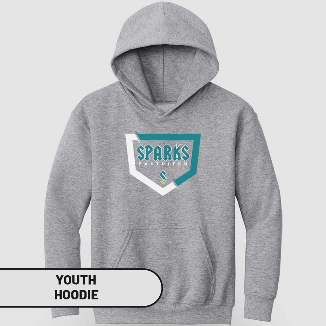 Grey youth hoodie with Sparks Fastpitch logo.