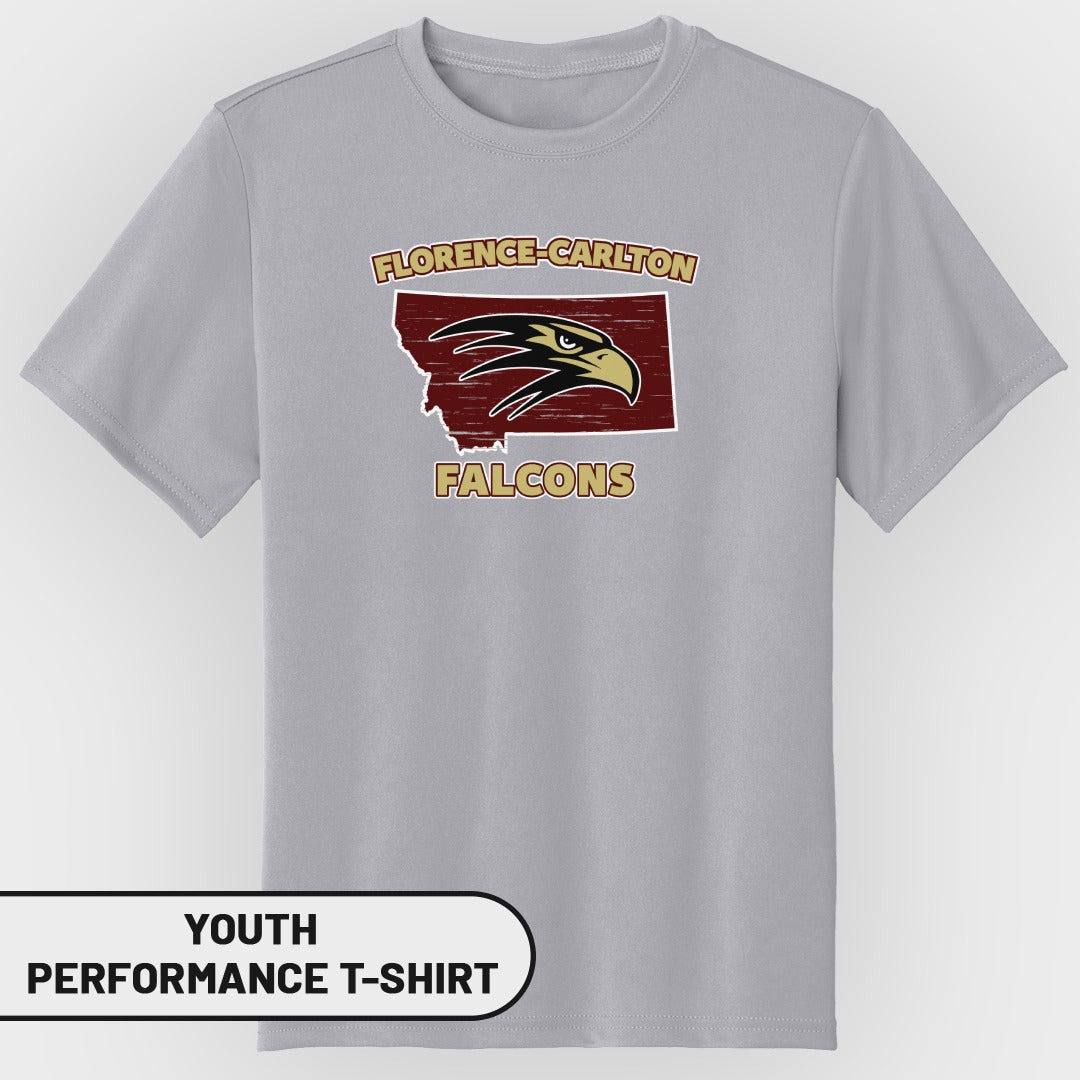 Gray youth performance t-shirt with Florence-Carlton Falcons logo and Montana state outline.