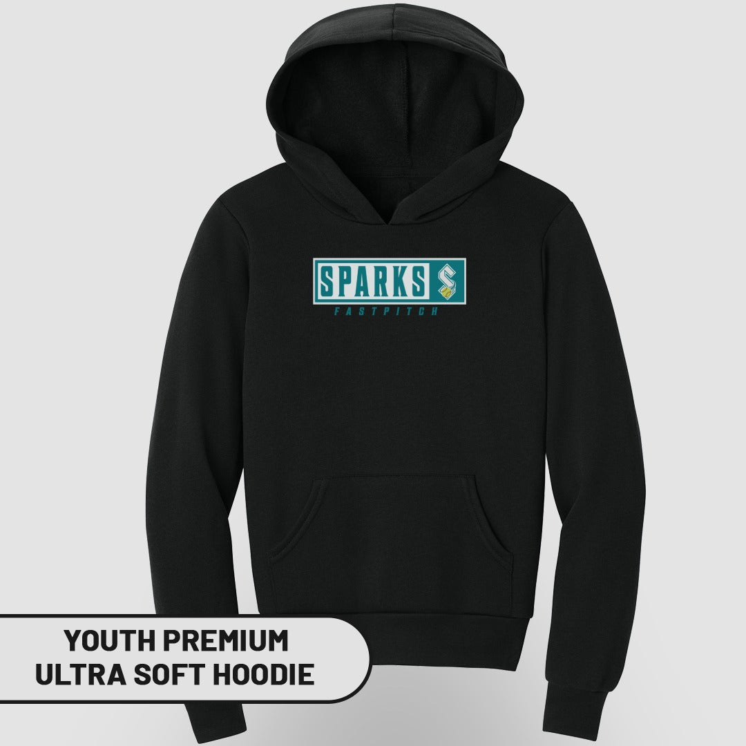 Black youth premium ultra soft hoodie with Sparks Fastpitch logo.