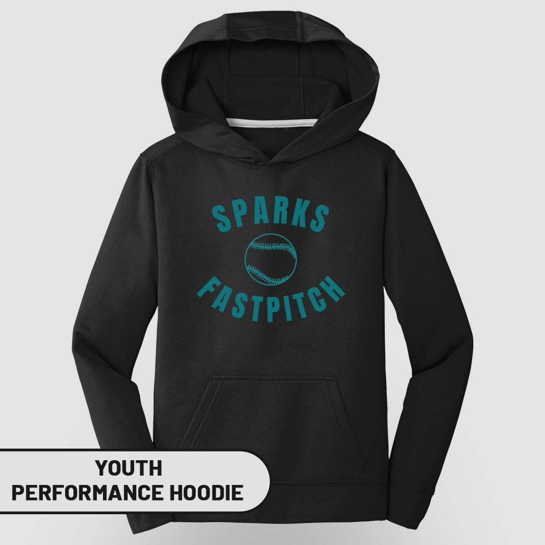 Youth black Sparks Fastpitch performance hoodie with front pocket.