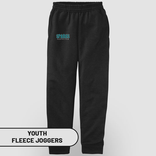 Youth black fleece joggers with Sparks Fastpitch logo on left thigh.