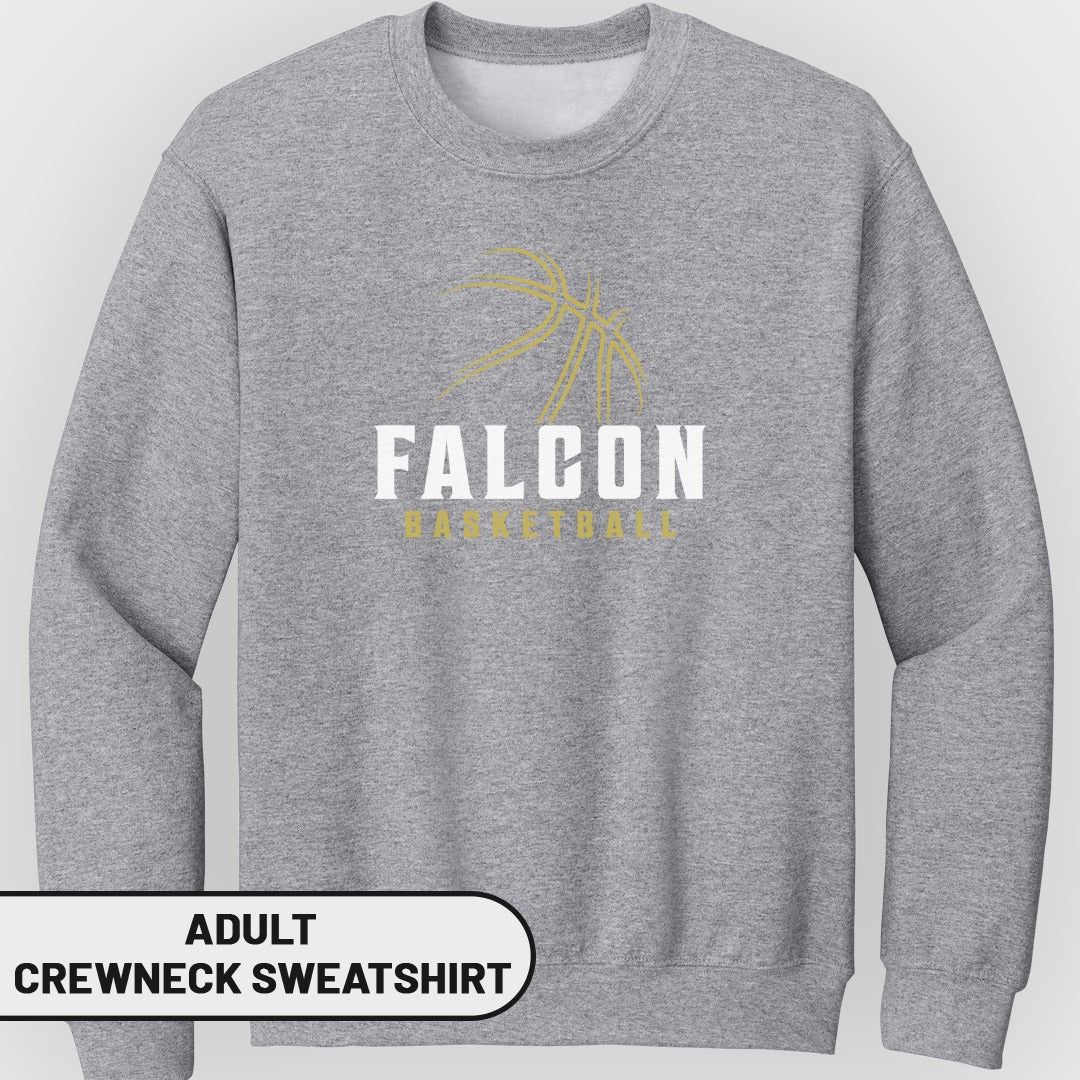 Adult grey crewneck sweatshirt with "FALCON BASKETBALL" text and basketball graphic.