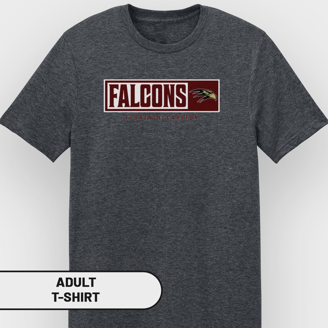 Dark grey adult t-shirt with "FALCONS" and hawk logo on front.